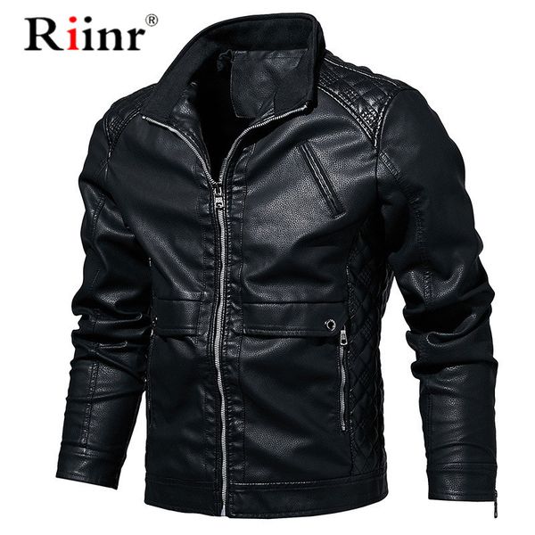 

riinr winter autumn men's pu jacket motorcycle coats thick fleece warm outerwear slim fit male leather coat brand clothing, Black