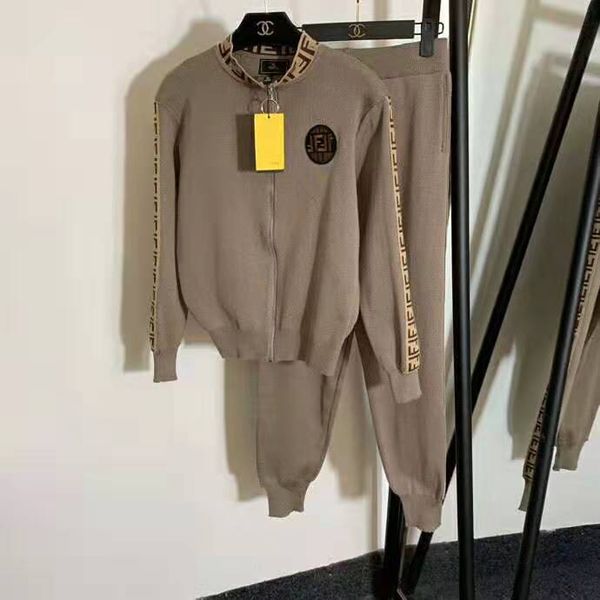 

fa the new style of double f letter knitted belt with side stitch, long sleeve zipper jacket, cardigan, elastic waist band and leg pants, Gray