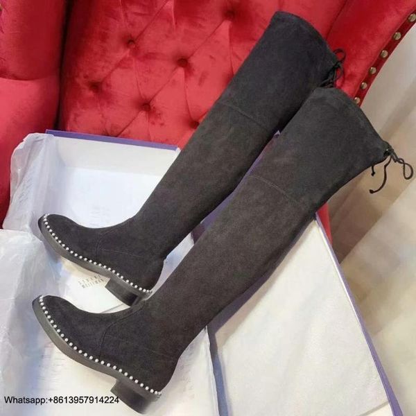 

high scarpe boots knee donna round toe chaussures femme fashion women pearl shoes med heels scarpe donna flock female shoes, Black