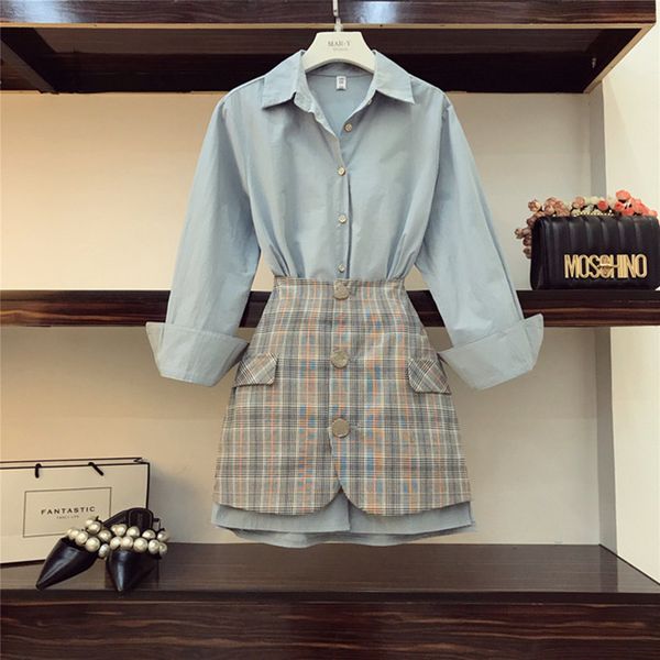 

2019 new fall women's lapel long sleeve blue long shirt + high waist package hip plaid skirt two-piece ladies mini skirts set, White