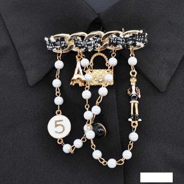 

vintage fashion pearl tassel pendant crosage enamel number brooch pins women suit lapel pins accessories, Gray