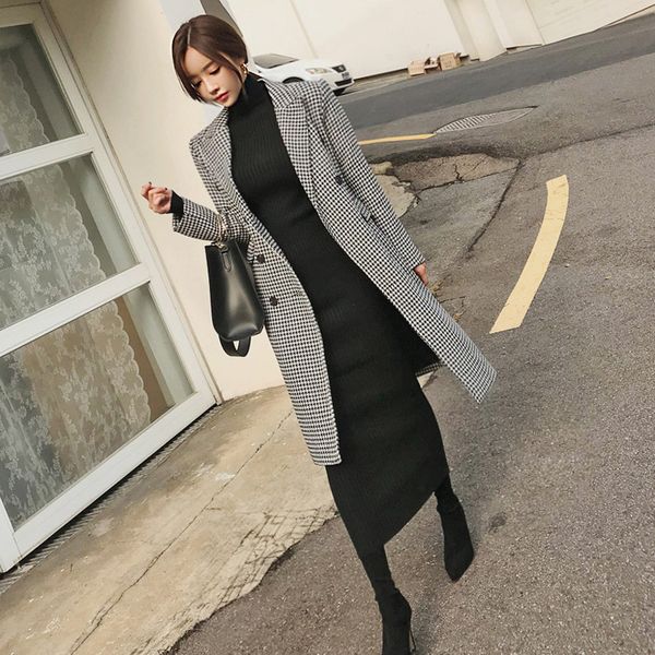 

new vintage plaid women double-breasted long overcoat winter warm full sleeve women woolen coats female loose coat 2019 new, Black