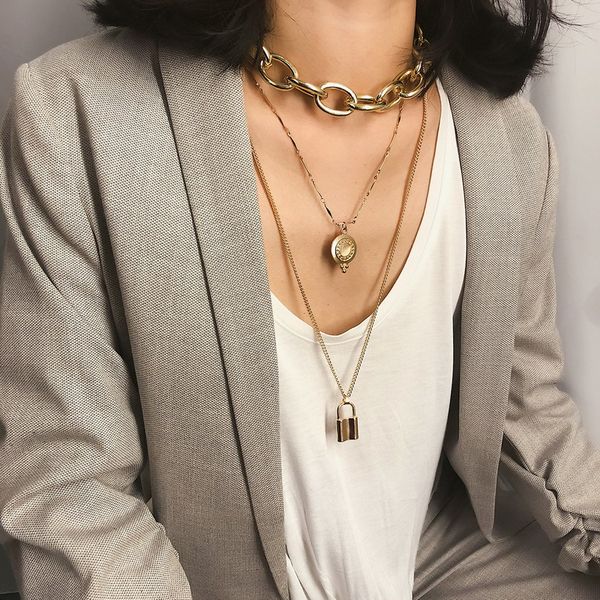 

fashion retro multilayer alloy lock pendant necklace exaggerated punk pocket watch kolye statement necklace women jewelry bijoux, Silver