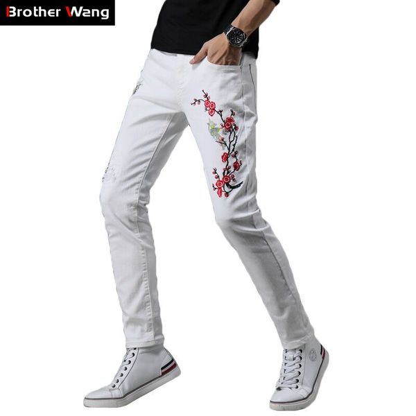 

3 color 2019 new men's white skinny jeans 3d embroidery flower pattern elastic force slim fit trousers male brand pants, Blue
