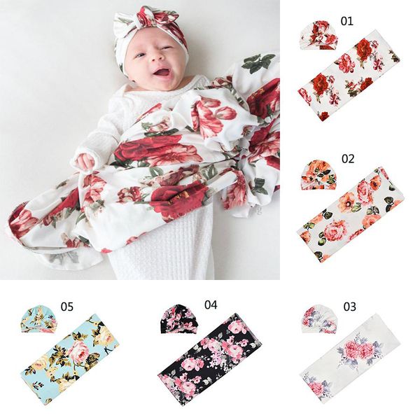 2020 INS младенец пеленать Одеяло для новорожденного Цветочного Пеленального Одеяла + Тюрбан Hat 2pcs / комплект для новорожденных Пеленального Обертывания Постельных принадлежностей для младенцев Фотографические Реквизит