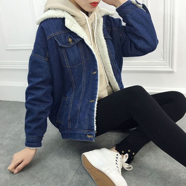 

women denim jacket with fur women autumn winter denim jacket warm thicken upset vintage fleece coat punk outwear, Black;brown
