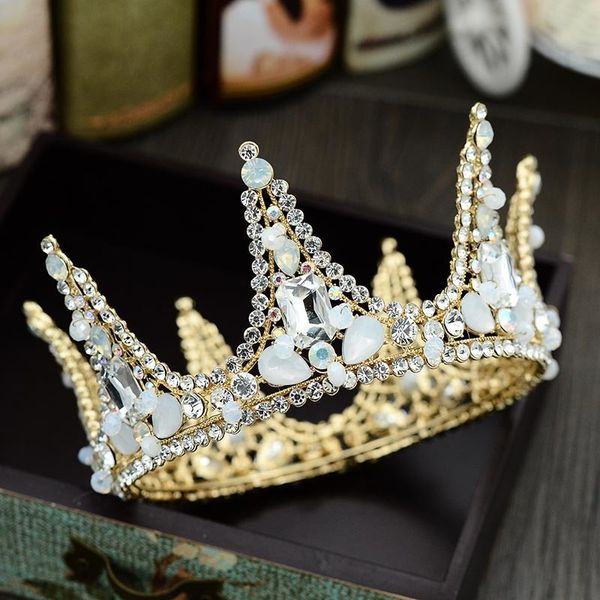 

baroque vintage crystal noiva diadem headdress gold full round rhinestone bride crown tiaras bride wedding hair accessories jl, Golden;white