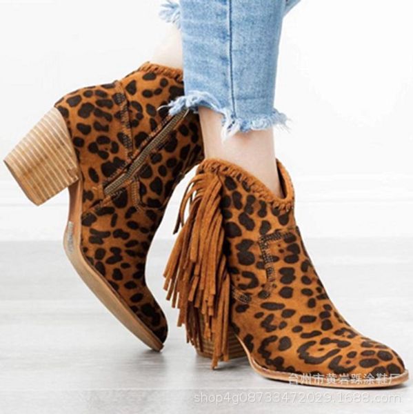 

women shoes new fashion leopard print pointed toe ankle boots slip on deep v high heel women boots lady shoes dropship 71, Black
