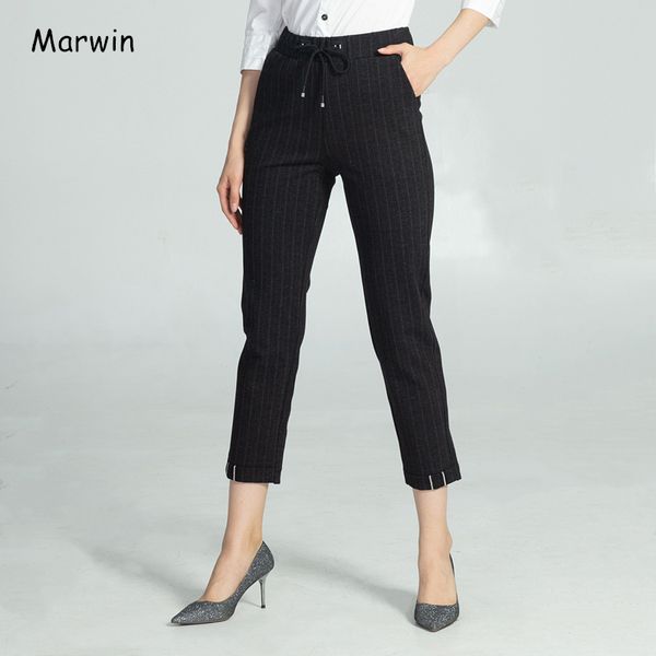 

marwin winter thick cuffed leg pinstripe peg pants warm soft leisure clothing high waist trousers new casual elastic women pants, Black;white