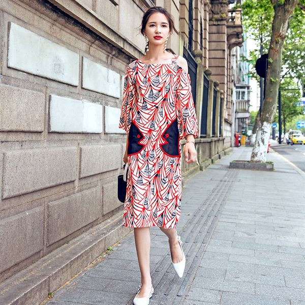 

2019spring summer women's chiffon dress diagonal shoulder five-point sleeves loose waist patch printing h-type dress femalele033, Black;gray