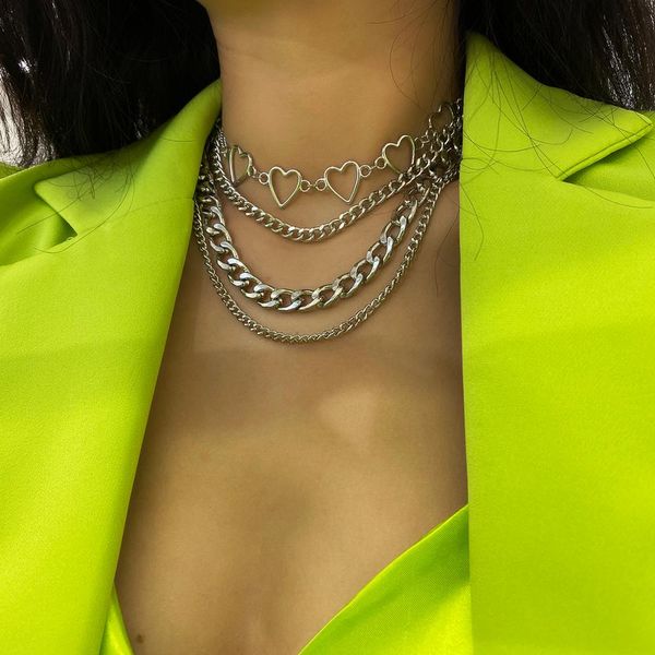 

ingemark vintage layered love heart choker necklace set steampunk boho punk iron link chain necklace women fashion jewelry 2020, Silver