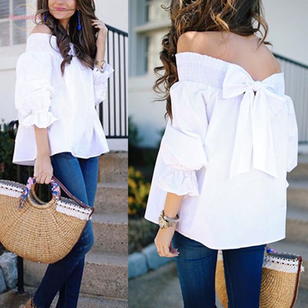 

off shoulder spring summer strapless 2020 women blouse bowknot slash neck shirts casual loose blusas plus size, White
