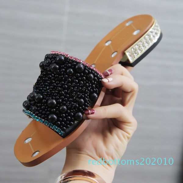 

women rhinestone low-heel slippers black pearl designer work summer women sandals dress classic trend fashion big size 43 10r