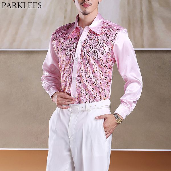 

mens wave pattern sequin club party shirts 2019 new stage prom button down chemise homme dance host chorus shirt male pink, White;black