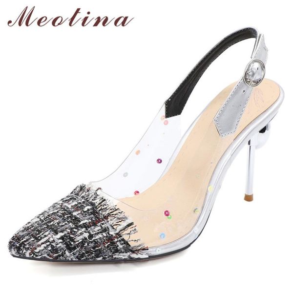

meotina high heels women shoes transparent thin high heel slingbacks shoes mixed colors buckle pointed toe pumps ladies size 46, Black