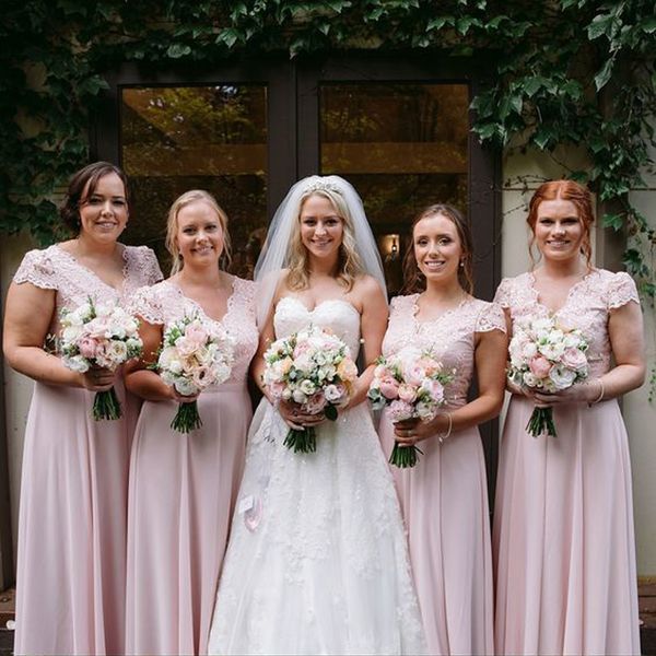 

pink v neck long bridesmaid dresses appliques lace short sleeve prom evening party dresses, White;pink