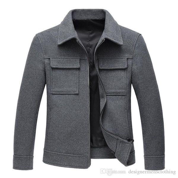 

winter men blends designer wool lapel neck long sleeve solid color men coats casual slim cargo male outerwears, Black
