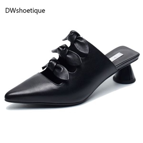 

women spring mules 2019 fashion 3 butterfly-knot pointed toe 4 cm high strange style heels women slipper outside, Black