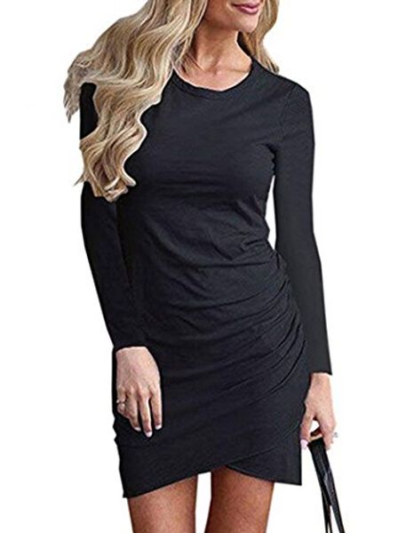 

halife womens long sleeve sheath dress solid color irregular hem t shirt bodycon mini dress, Black;gray