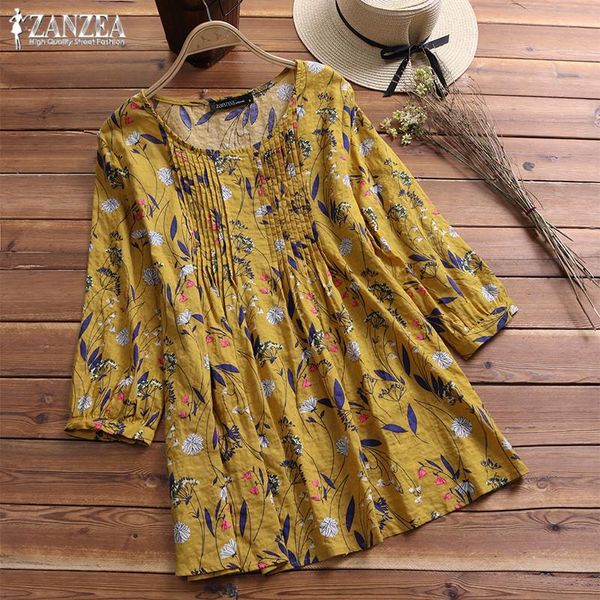 

plus size women's print shirt zanzea 2019 summer casual blouse female 3/4 sleeve pleated blusas femininas boho chemise femme, White