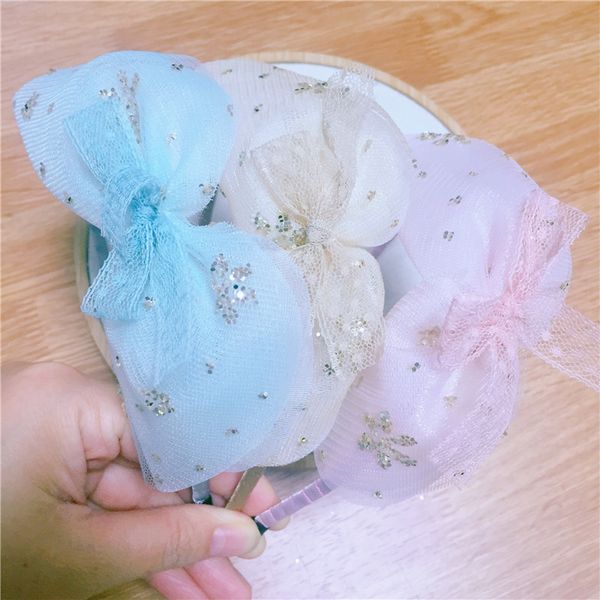 

2020 spring and summer headband girls sweet sequin gauze spray bow headdress, Slivery;white