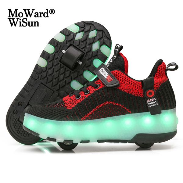 

size 28-40 children shoes with roller luminous led sneakers on double wheels usb charged glowing skate shoes for kids boys girls, Black;red