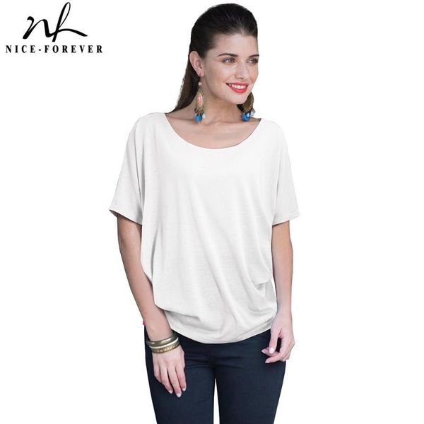 

nice-forever casual summer round neck loose batwing t-shirt solid color draped stylish women tees bty157, White