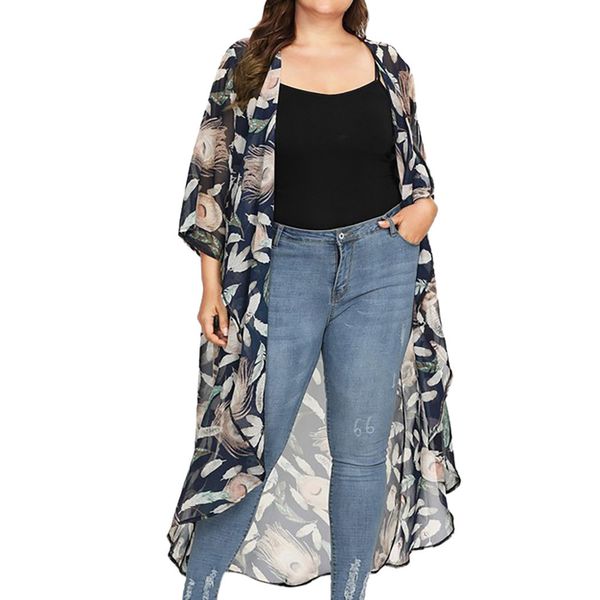 

plus size summer fashion print cardigan blouse casual loose beach long cover up smock female women 3/4 sleeve shirt blusas, White