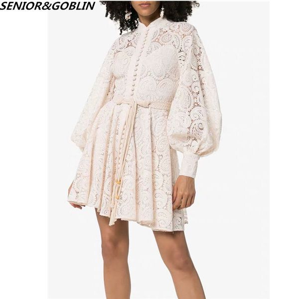

2020 design runway dress autumn women high waist lace hollow out lantern sleeve mini dresses whith belt, Black;gray