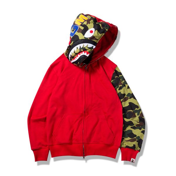 

Bape Mens высокого качества Zipper Толстовки Мужчины Женщины моды с длинным рукавом Толстовка Мужская Shark Tooth печати Лоскутное Камуфляж куртка 3 цвета