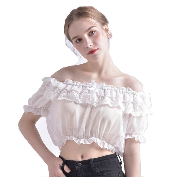 

women crop blouse lolita frilly chiffon white/black puff sleeve lace bottoming undershirt