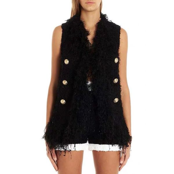 

1.18 2020 early spring new women black tassels button decoration design temperament v-neck sleeveless weave vest coat, Black;white