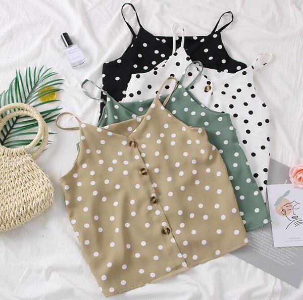 

2020 summer korean fashion polka dots camis with buttons women chiffon tank, White