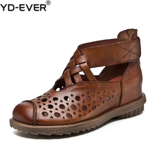 

summer women boots casual ankle boots genuine leather cut-outs sandals retro handmade women's shoes hook&loop flat, Black