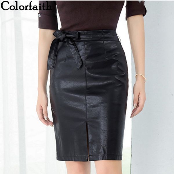 

colorfaith new 2019 women pu leather skirt autumn winter pencil eelegant bow ladies fashion package hip slit midi skirt sk3440, Black
