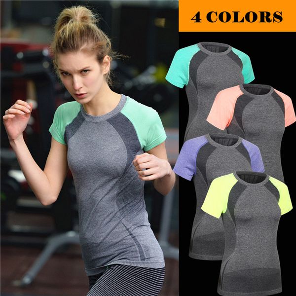 

4 colours women yoga shirts short sleeve t shirts female running gym fitness clothes breathable quick dry sportswear size  l, White;red