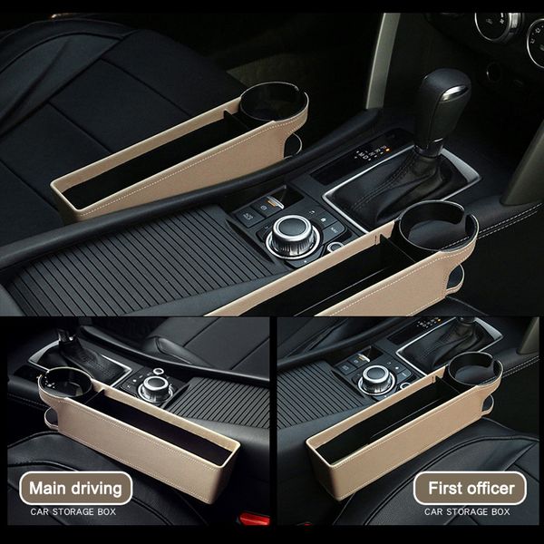 

black leather car pocket organizer seat gap filler box w/cup holder seat catcher between seats organizer b88