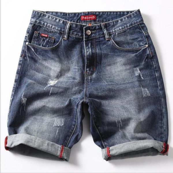 

men's flexible denim shorts good quality men cotton holes short jeans new fashion male knee length light blue short jeans size40, White;black