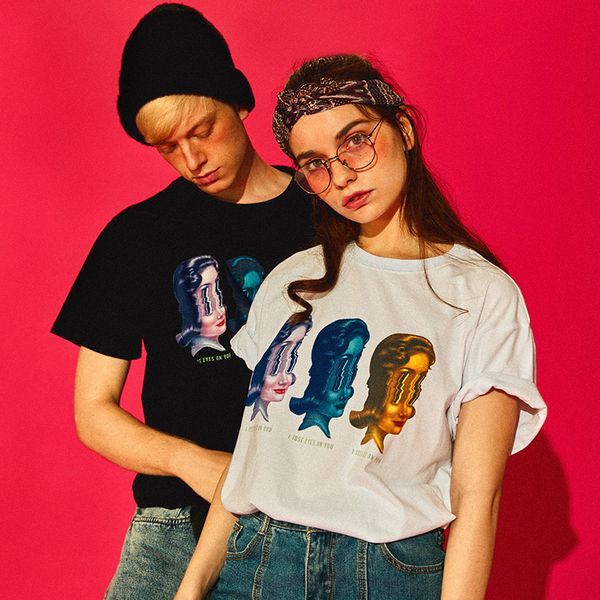 

marchwind brand mens t shirt funny eyes on you print hip hop t-shirts streetwear summer short sleeve tshirt cotton tees black white, White;black