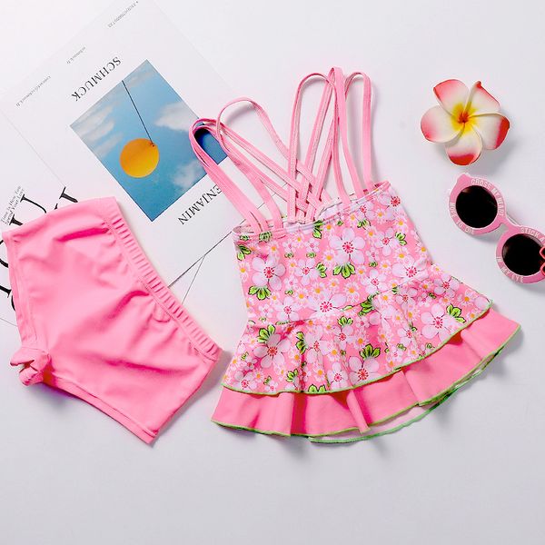 

children swimwear two piece swimming dress for kids girl cross straps back ruffle swimsuit with skirt boy shorts bathing suit