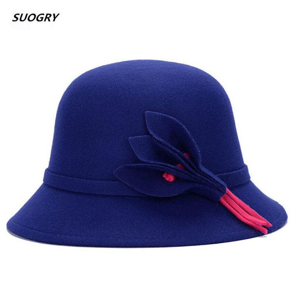 

2015 new winter fedora hats for women vintage wool felt bowler wide brim fashion women girls sun caps floral bucket hat, Blue;gray