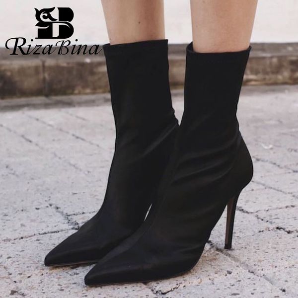

rizabina women fashion short boots solid color pointed toe thin high heels shoes women good quality casual footwear size 35-43, Black