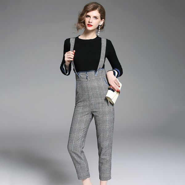 

2018 autumn/winter new commuter belt is a two-piece high-waisted pantsuit with matching stripes, Gray