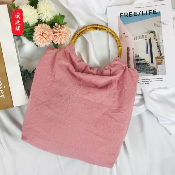 

cotton and linen antique handbags simple and simple large-capacity round bamboo handle literary cloth bag plain bag