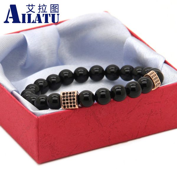 

ailatu 8mm black stone beads with triangle cubic zirconia mens energy cz bracelets party gift, Golden;silver