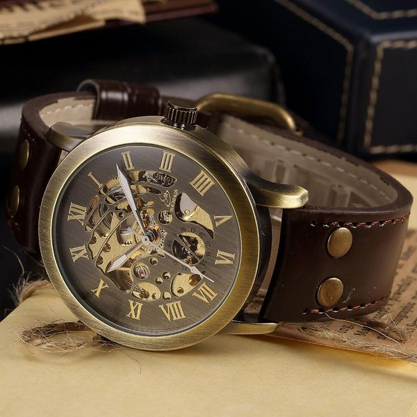 

fashion cool army men's watch steampunk bronze skeleton self-winding auto mechanical leather mens clock wrist watches reloj, Slivery;brown
