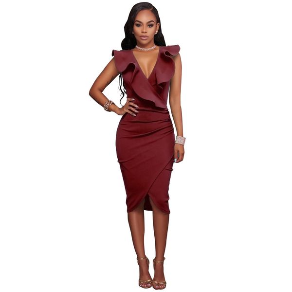 

New Fashion Autumn Winter Sexy Women Midi Dress Ruffled Deep V Neck Sleeveless Asymmetric Solid Slim Bodycon Ruched Dress