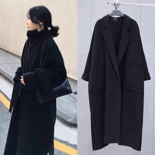 

2019 autumn winter women wool cashmere black coat jacket long sleeve open front loose simple blend coats outerwear cardigan