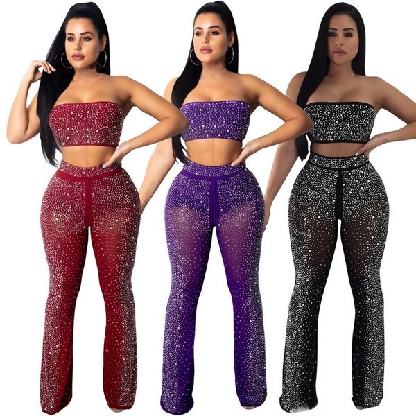 

women see through rhinestonetwo piece sets long pants skinny club wear 2 piece strapless jumpsuit sleeveless, White