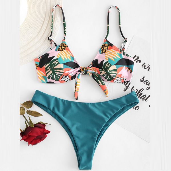 

women's digital print split beachwear swimsuit bow bikini, White;black